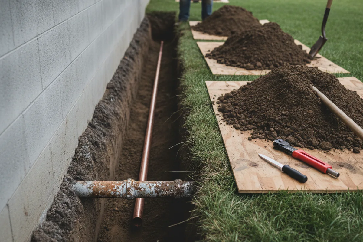Excavated water line trench during Water Heater Repair in Vernon Hills